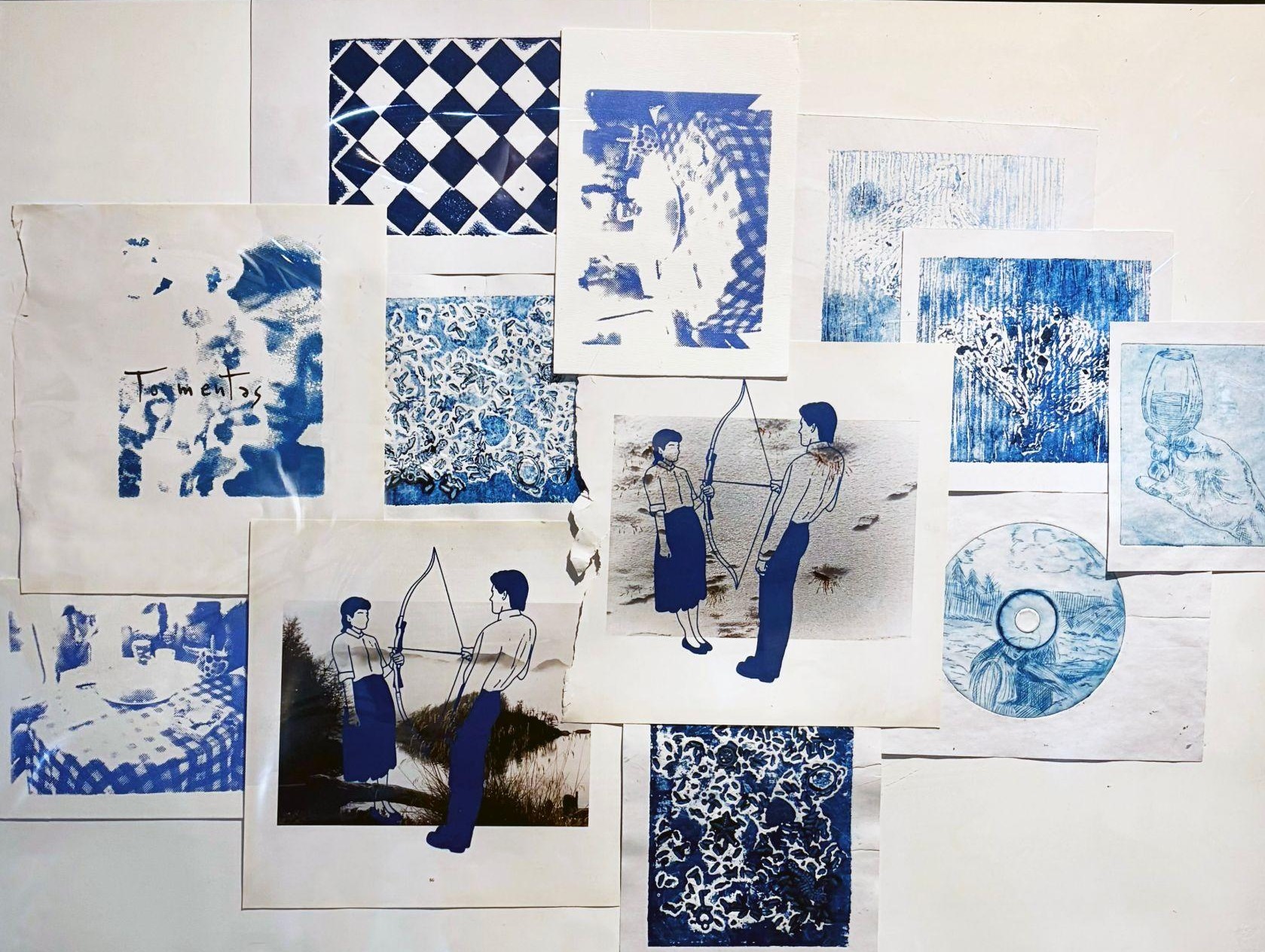 Azules — collage de grabados en tonos azules sobre papel