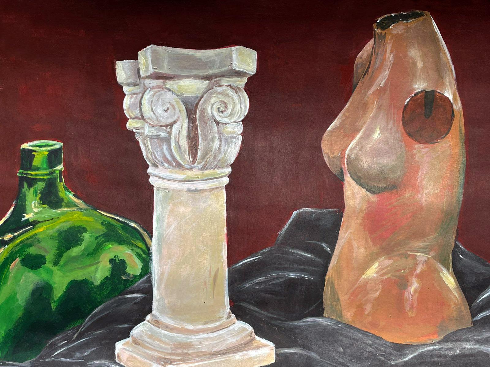 Estudio de color — naturaleza muerta con botella verde, capitel y torso