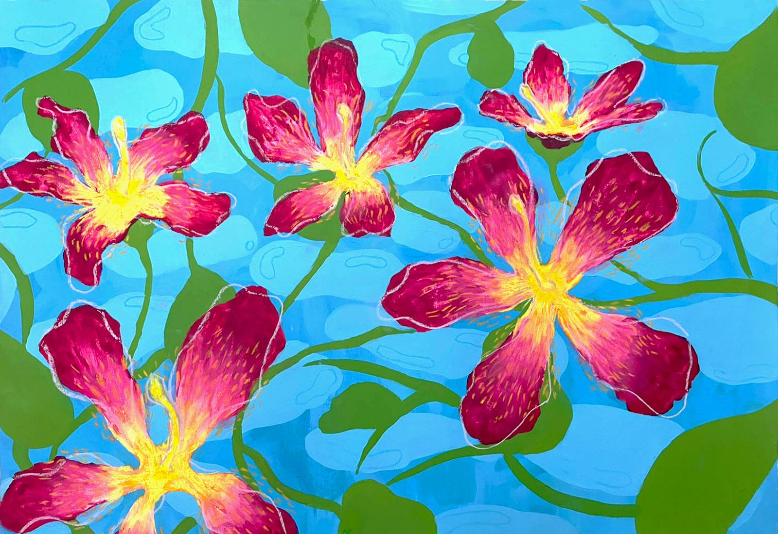 Septiembre — flores magenta sobre fondo celeste